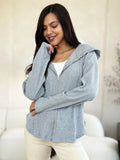 Ribbed Knit Zip Up Drawstring Hooded Jacket