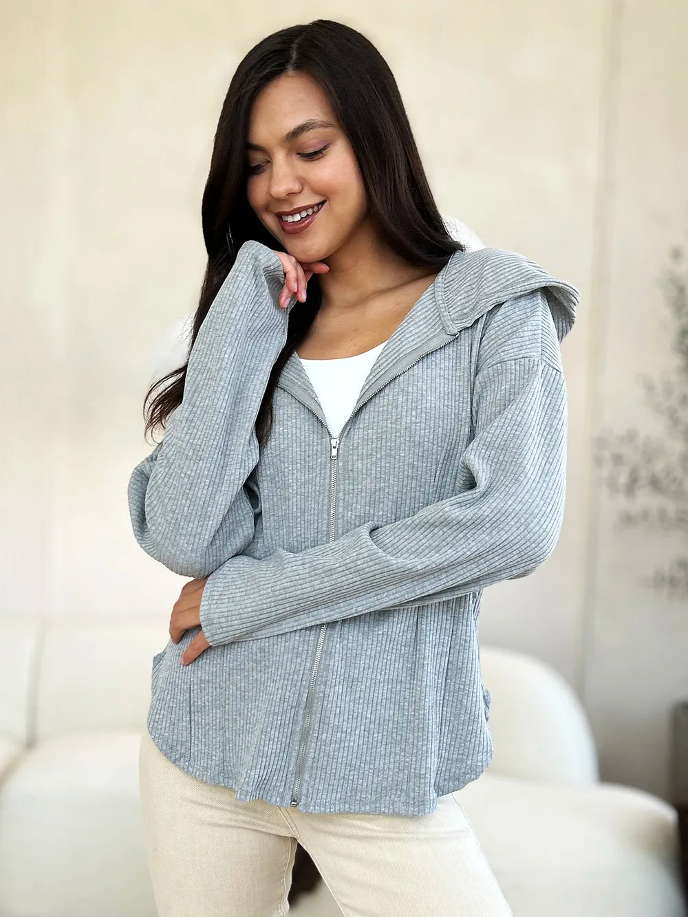 Ribbed Knit Zip Up Drawstring Hooded Jacket