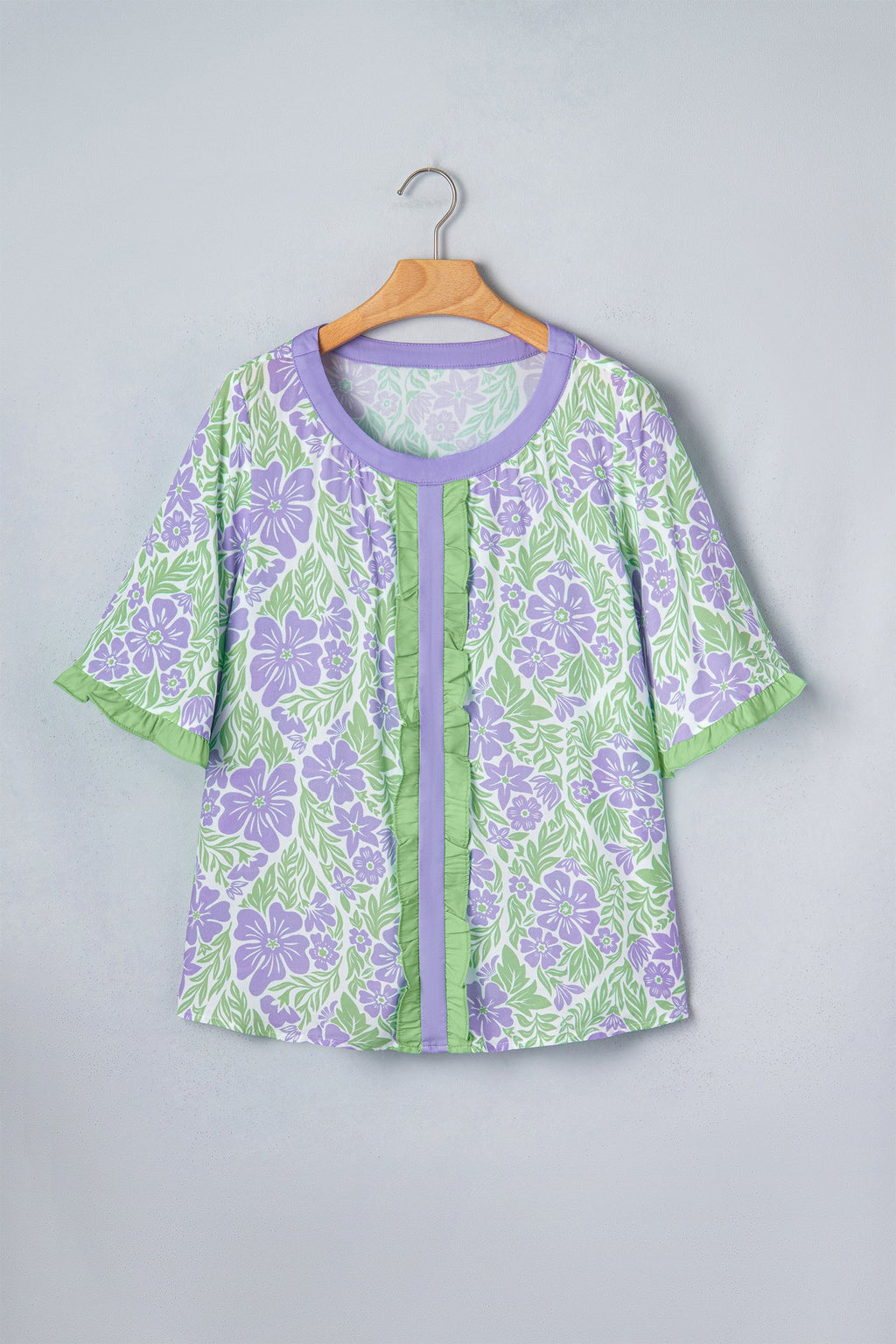 Purple Floral Print Ruffled Color Block Trim Half Sleeve Blouse