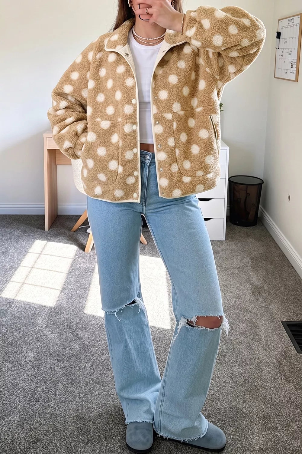 Polka Dot Faux Fur Metal Button Placket Shift Silhouette Jacket