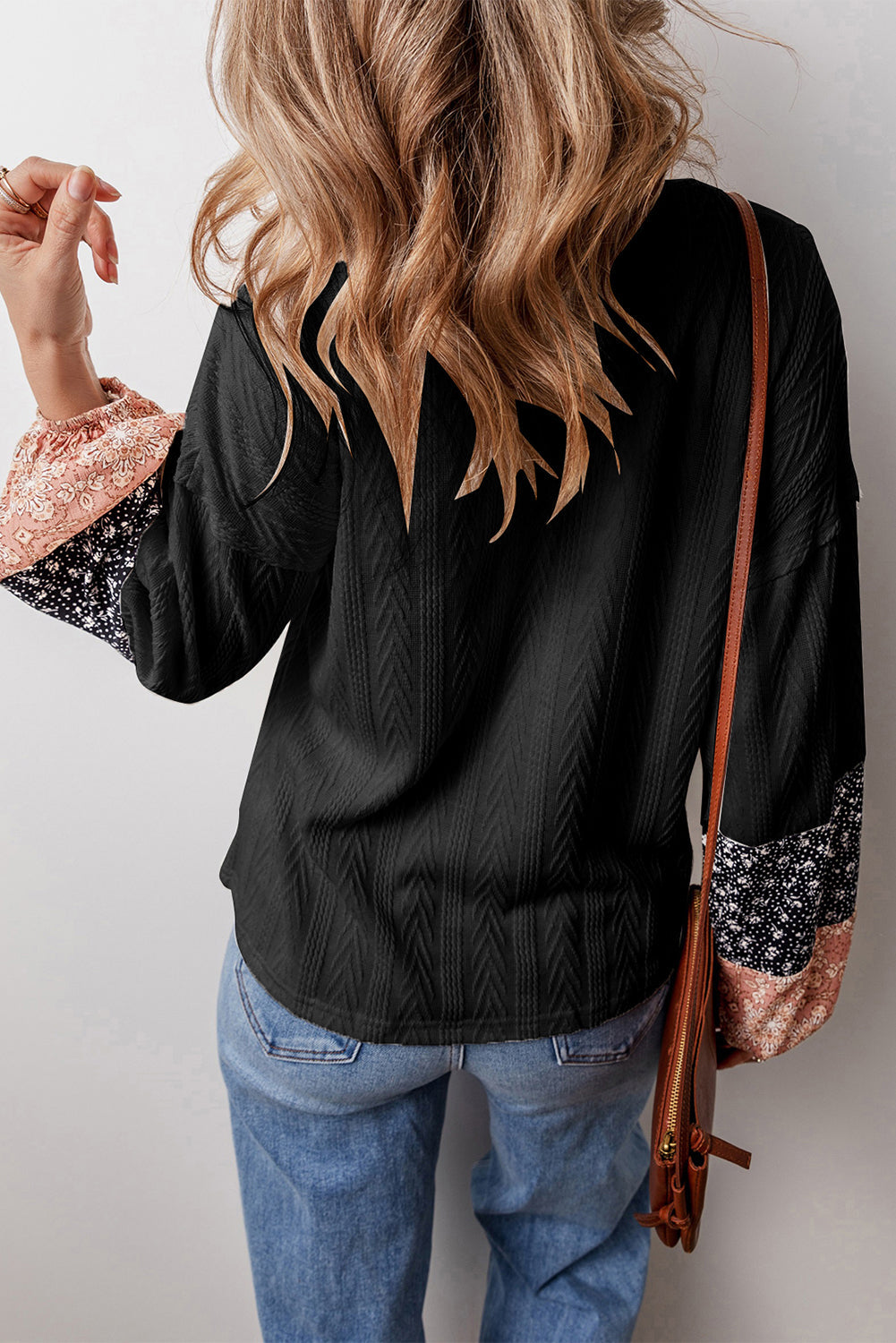 Floral Patchwork Textured Knit V-Neck Blouse