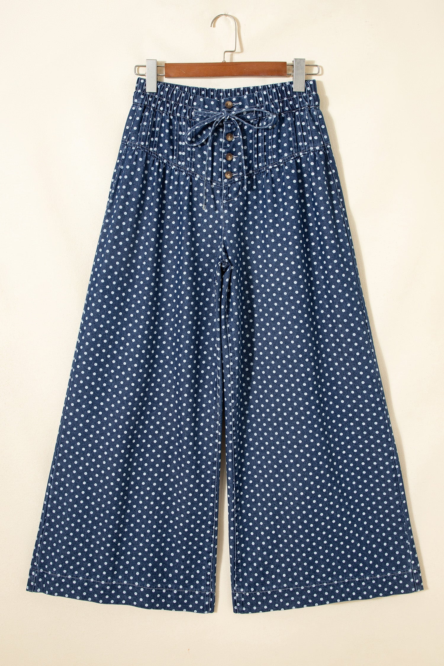 Sky Blue Polka Dot Print Button Pleated Detail Wide Leg Jeans