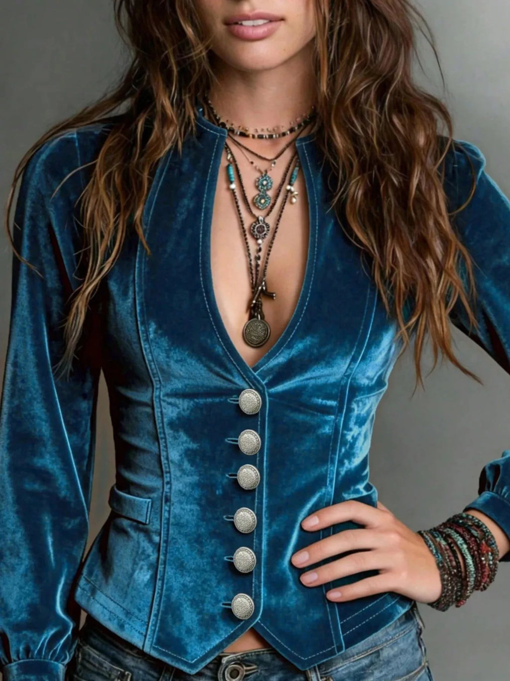 Button Down Plunge Velvet Shirt
