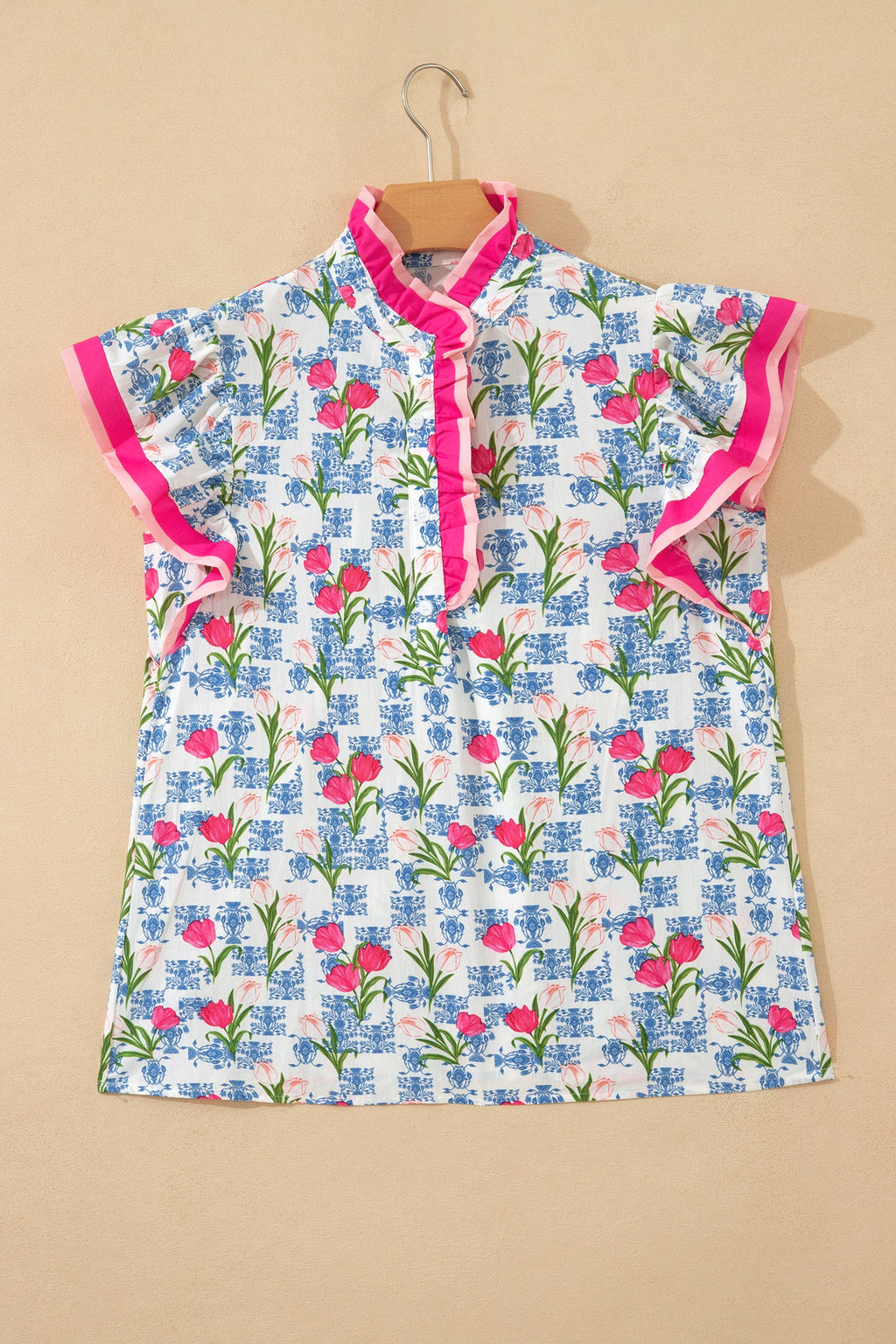 Rose Floral Print Color Block Striped Trim Flutter Sleeve Half Button Blouse