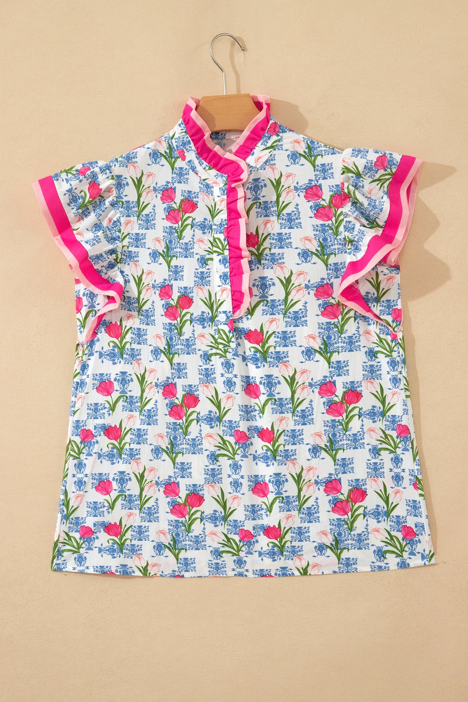 Rose Floral Print Color Block Striped Trim Flutter Sleeve Half Button Blouse