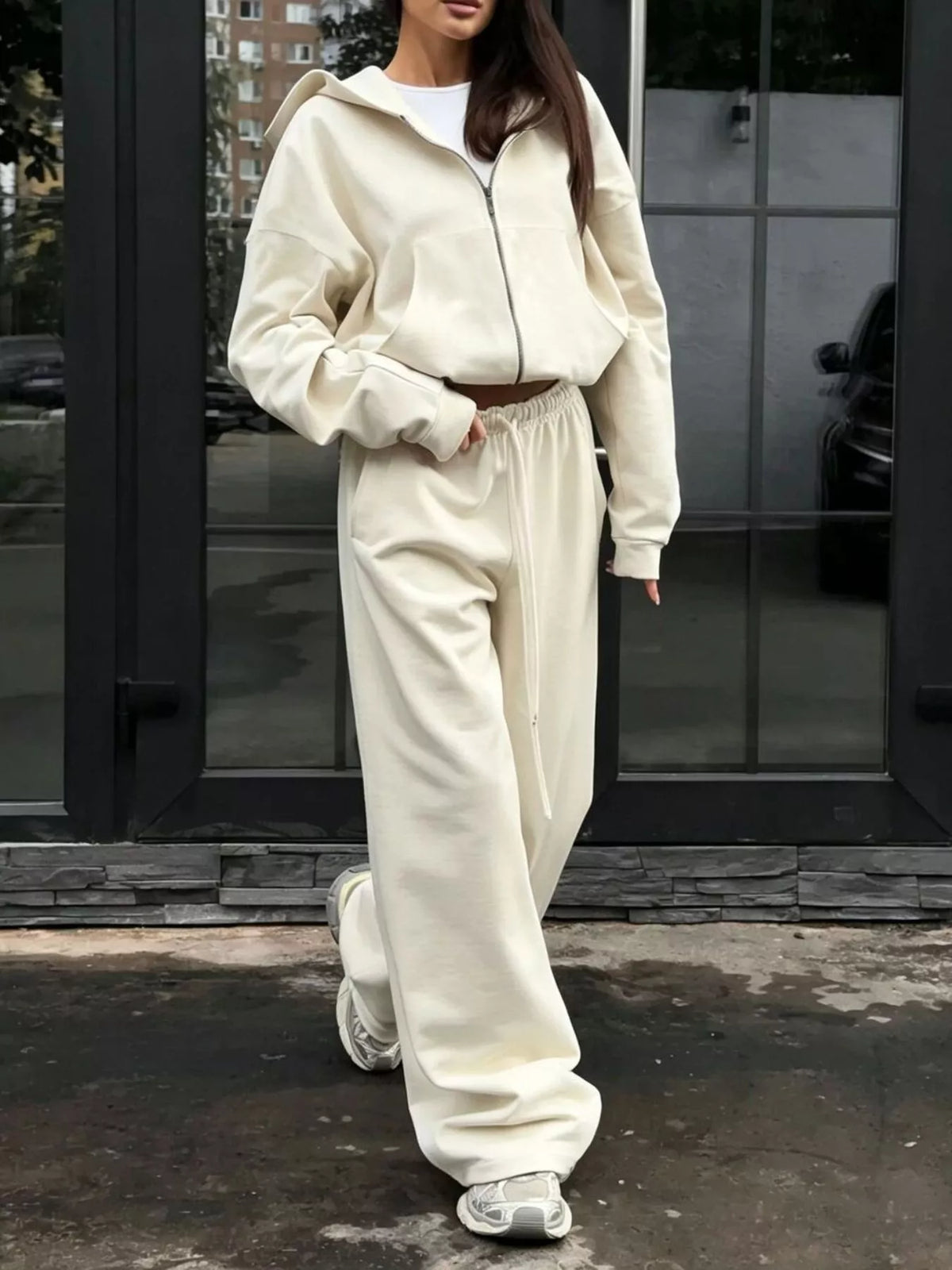Casual Zip-Up Hoodie and Wide-Leg Sweatpants Set