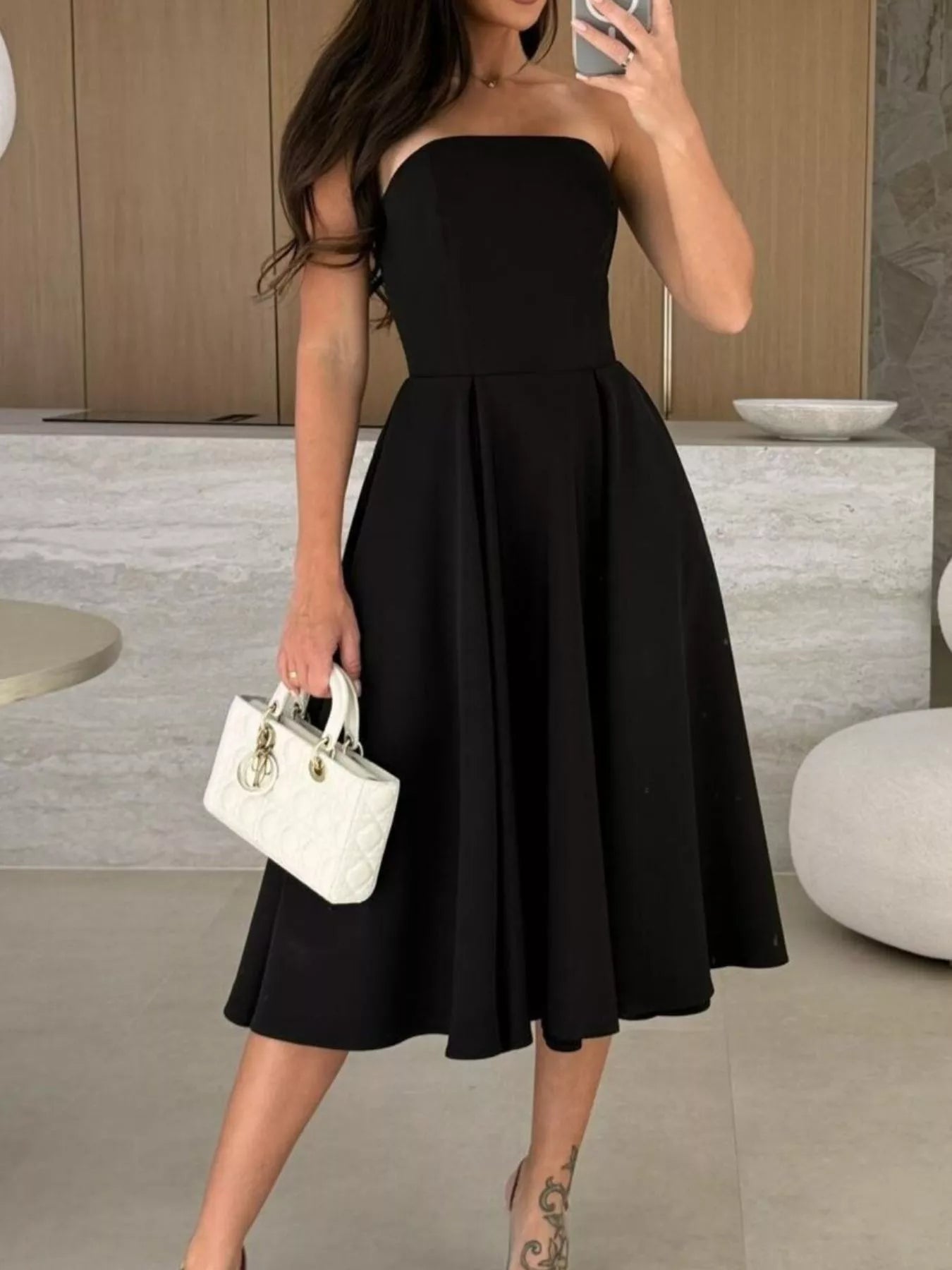 Strapless Ruched A-Line Midi Dress