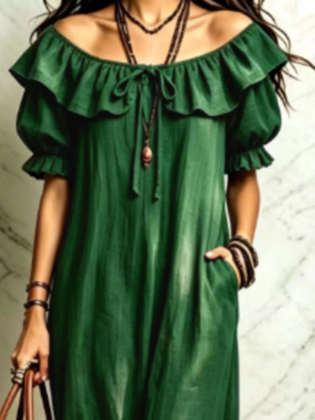 Ruffle Trim Puff Sleeve Maxi Dress