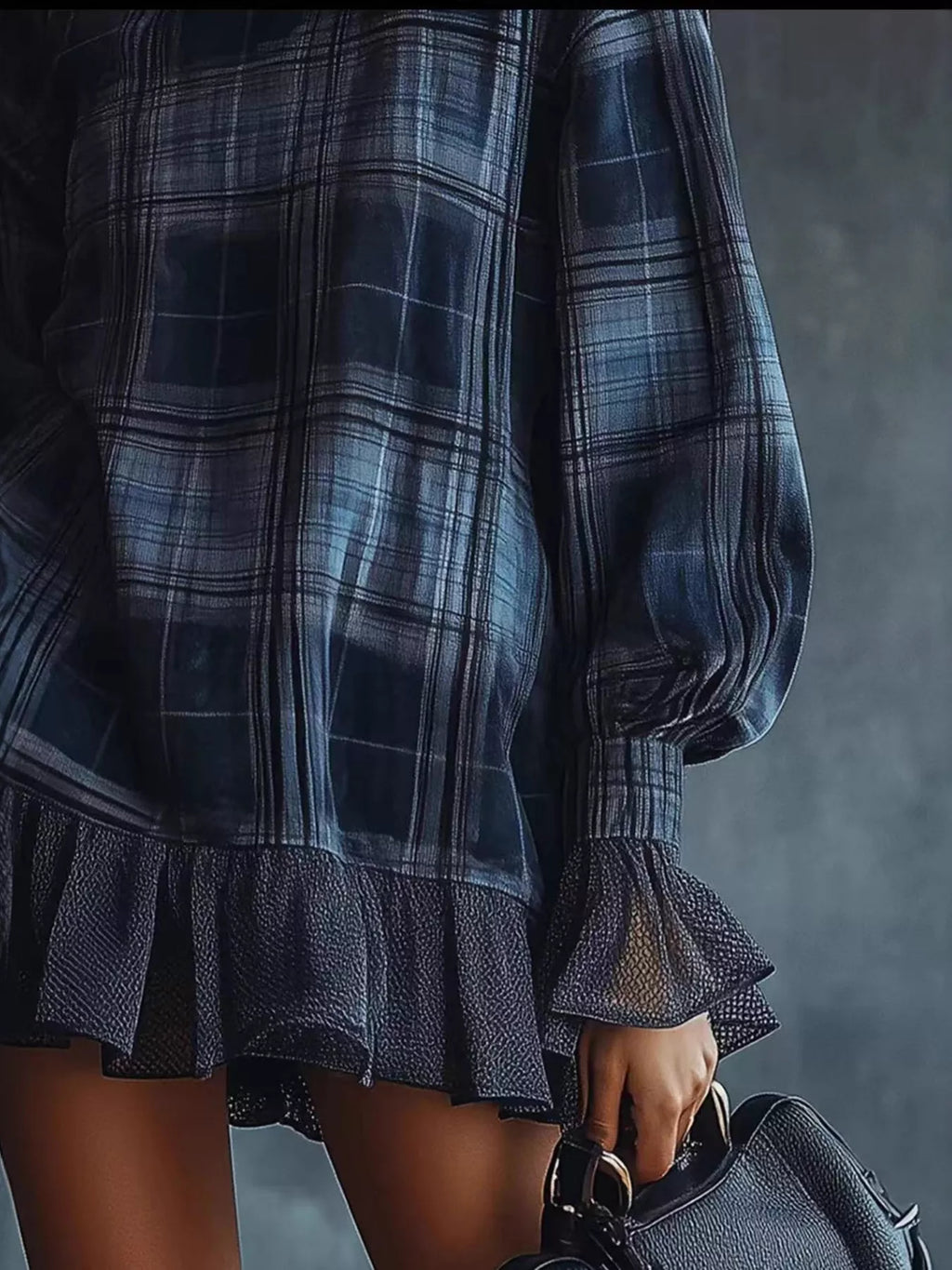 Full Size Plaid High-Neck Ruffled Hem Mini Dress Plus Size
