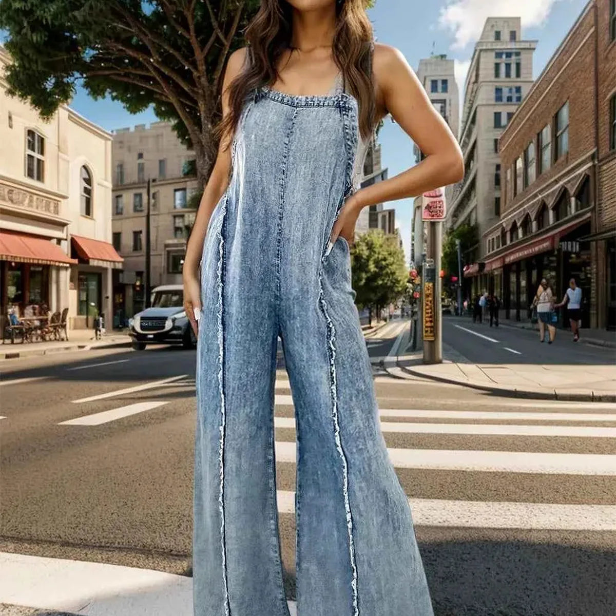 Wide Leg Denim Overalls with Adjustable Straps