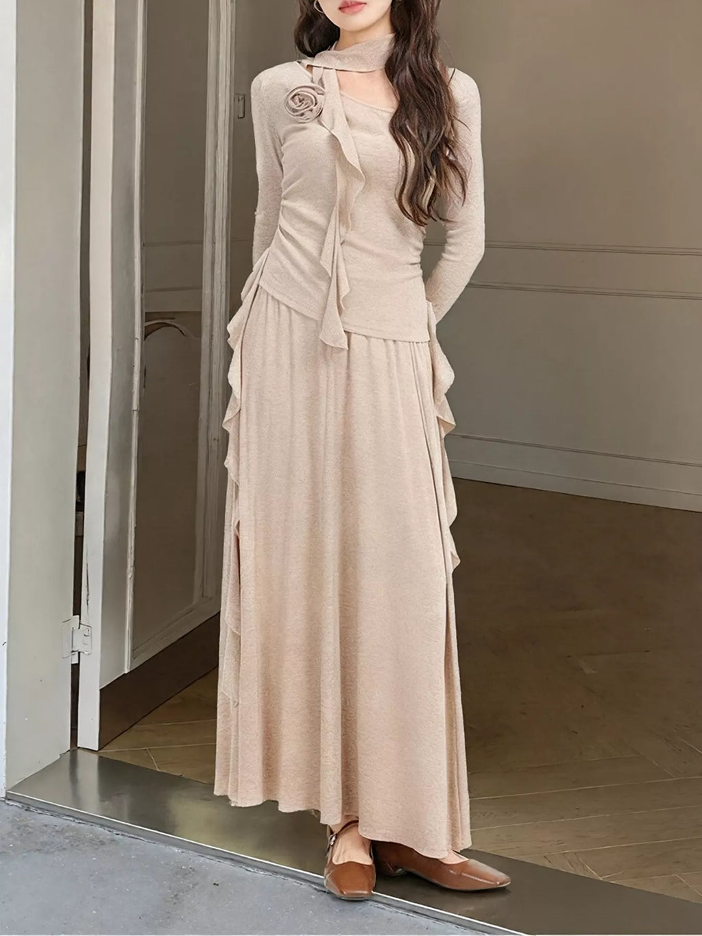 Ruffled Long Sleeve Knit Top and Maxi Skirt Set