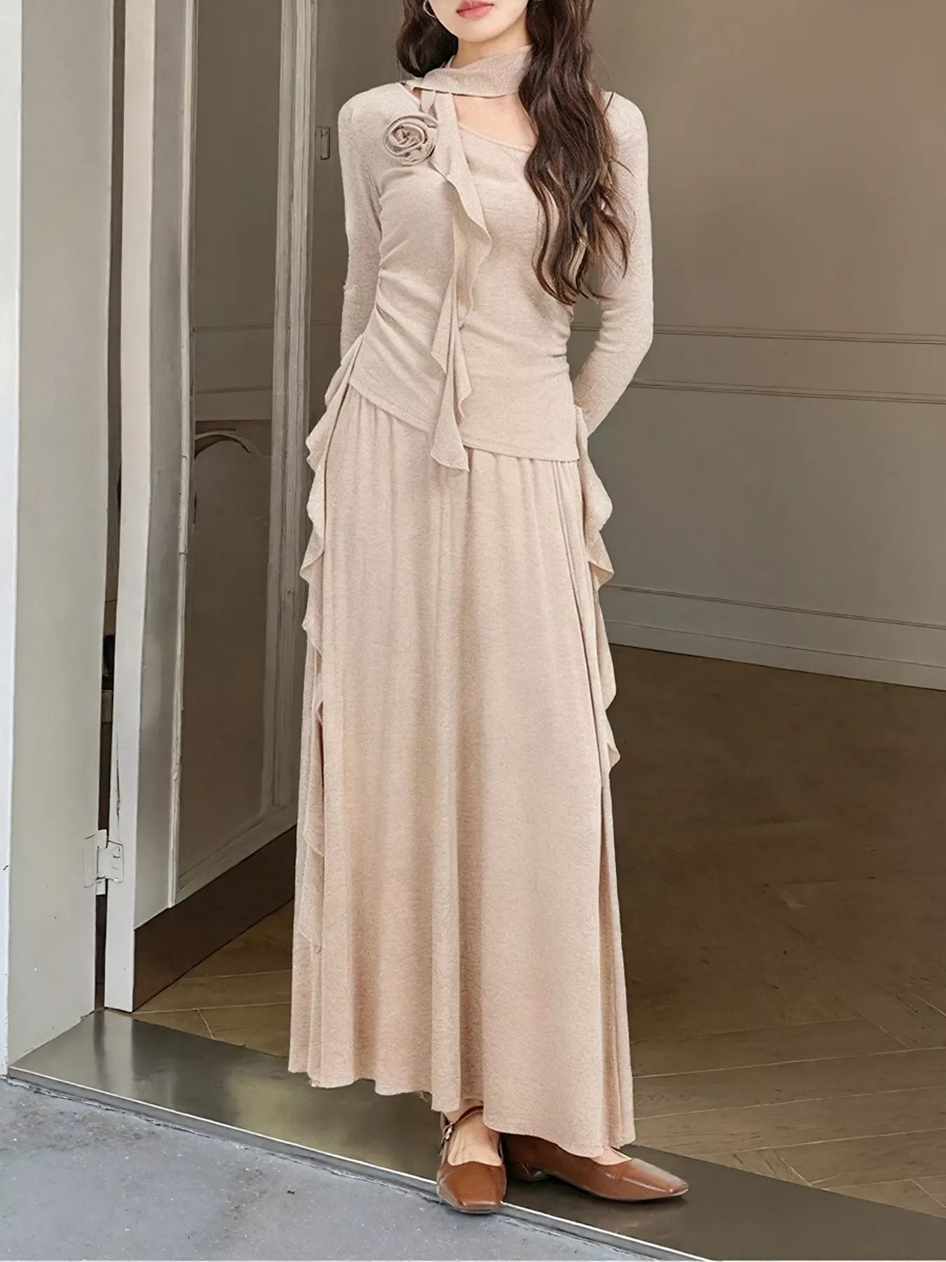 Ruffled Long Sleeve Knit Top and Maxi Skirt Set