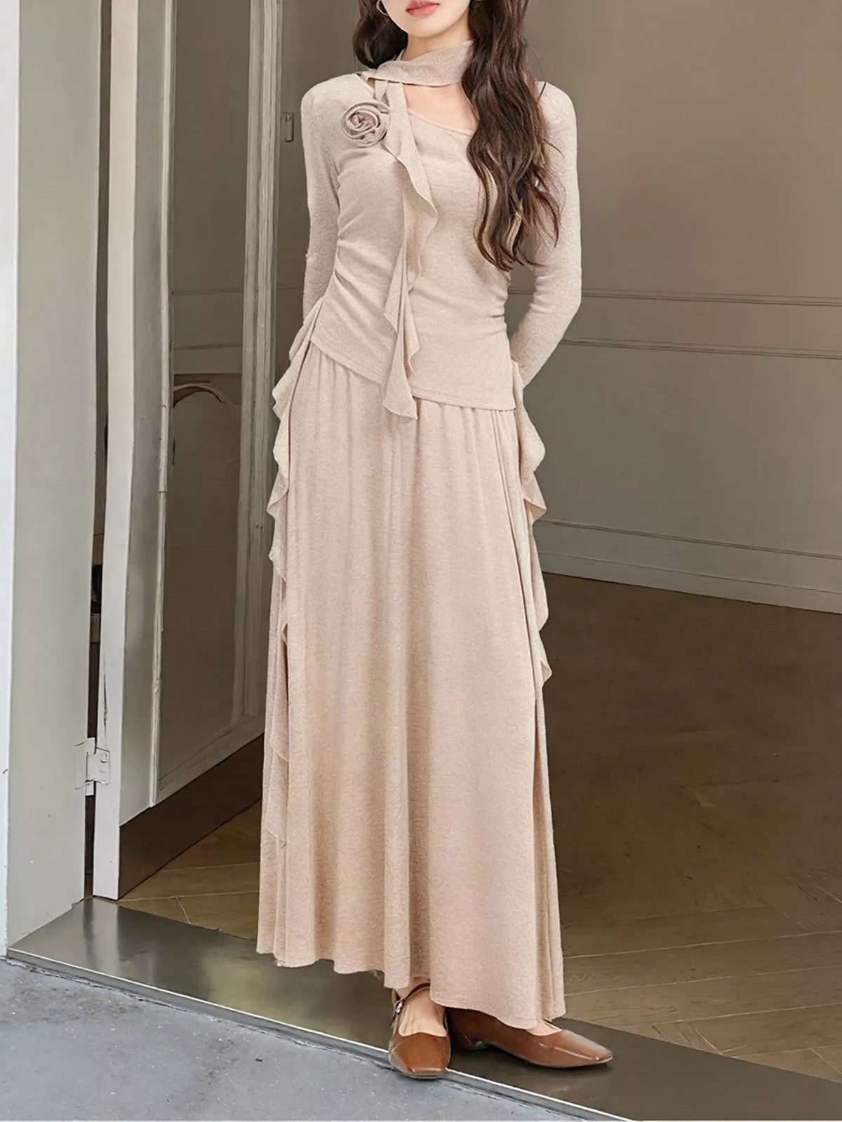 Ruffled Long Sleeve Knit Top and Maxi Skirt Set