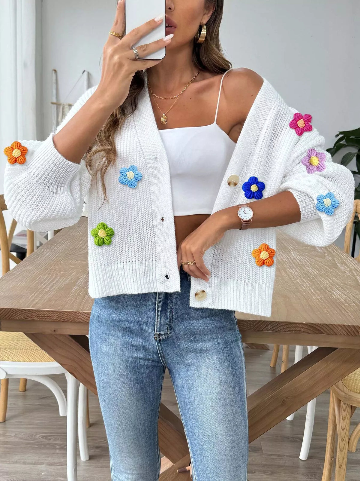 3D Floral Appliques Button Up Cardigan