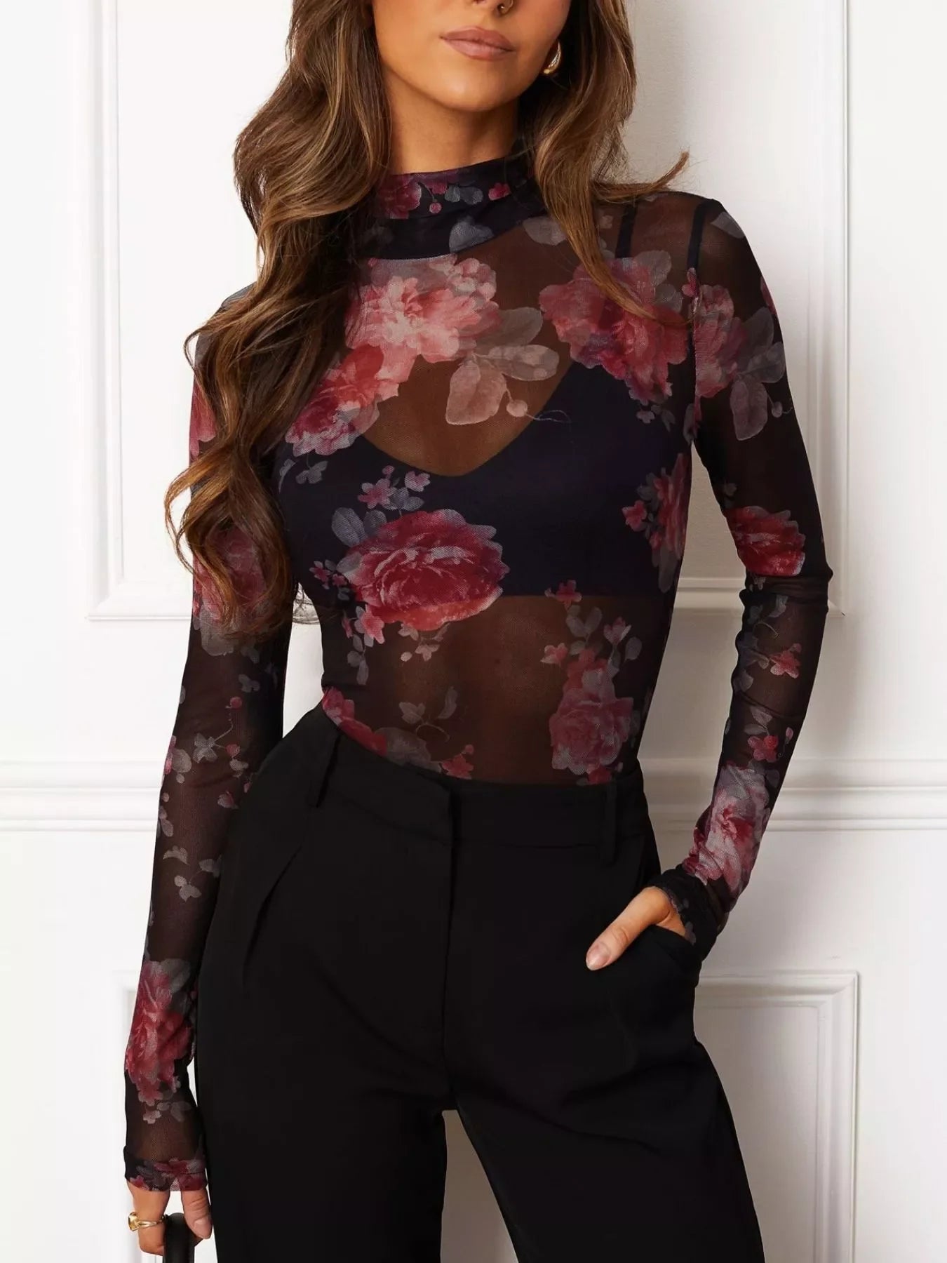 Floral Print Sheer Mesh Long Sleeve Mock Neck Top