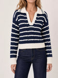Striped Johnny Collar Dropped Shoulder Sweater