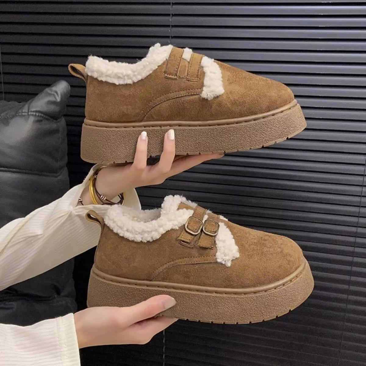 Double Buckle Fur-Lined Winter Ankle Boots