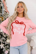 Gossamer Pink Drop Shoulder Round Neck Towel Embroidery Slogan Pullover Sweater