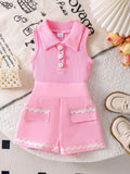 Children's Ribbed Knit Polo Top and Scalloped Pocket Shorts Set