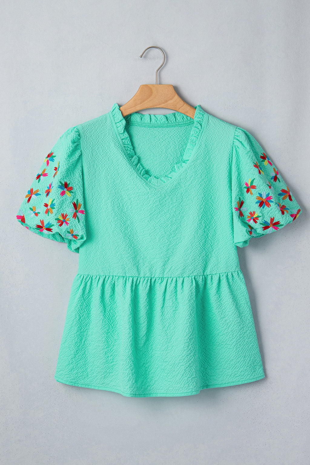Mint Green Frilled V Neck Flower Embroidered Puff Sleeve Textured Blouse