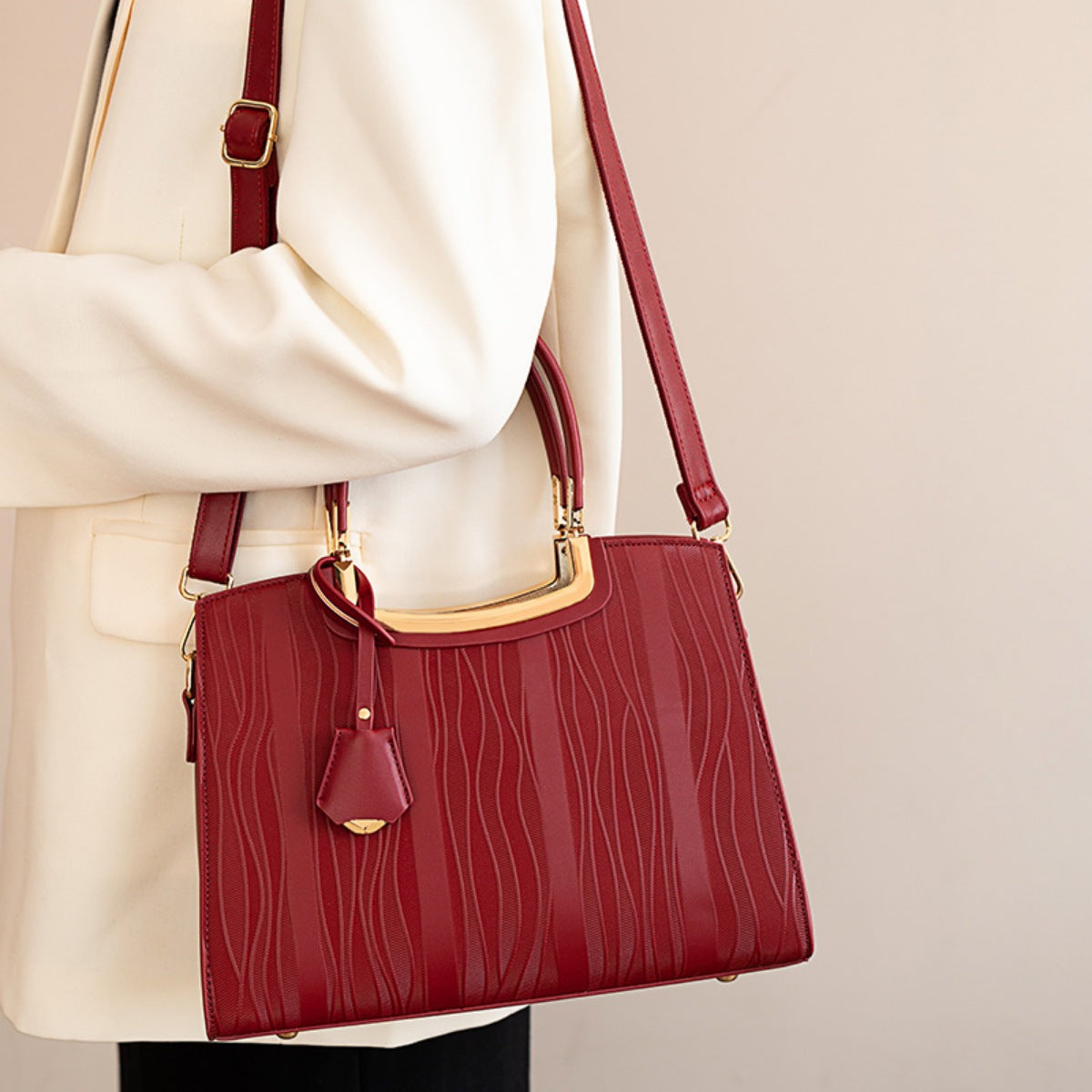 Textured Leather Top Handle Handbag