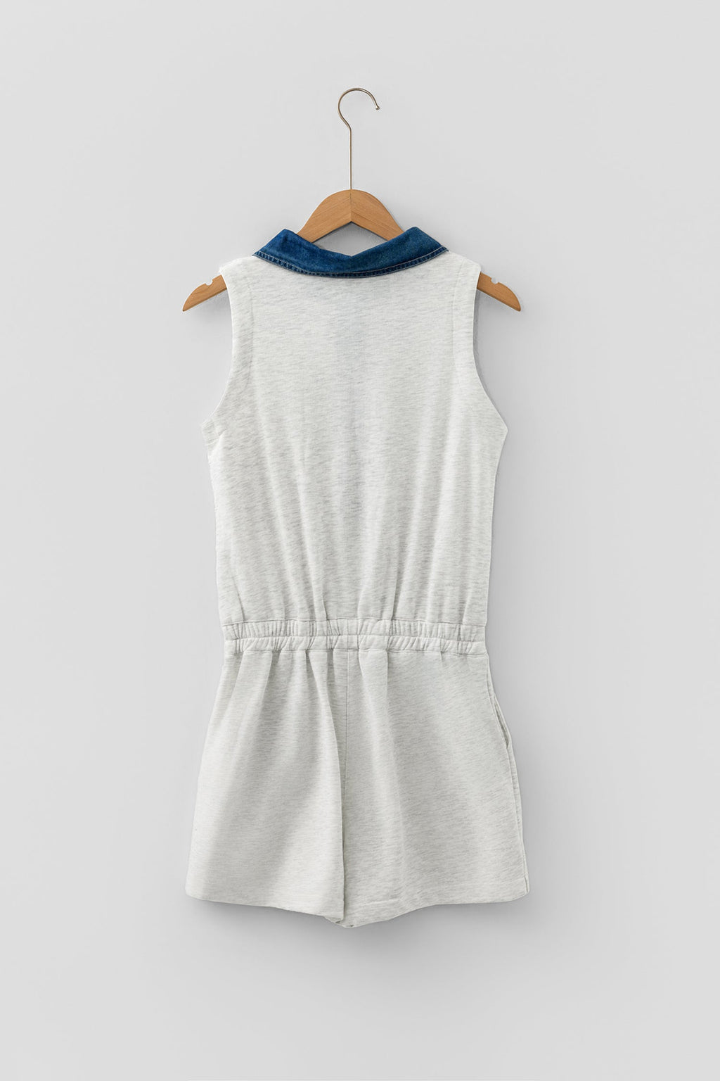 Light Grey Denim Patchwork Polo Collar Elastic Waist Sleeveless Romper