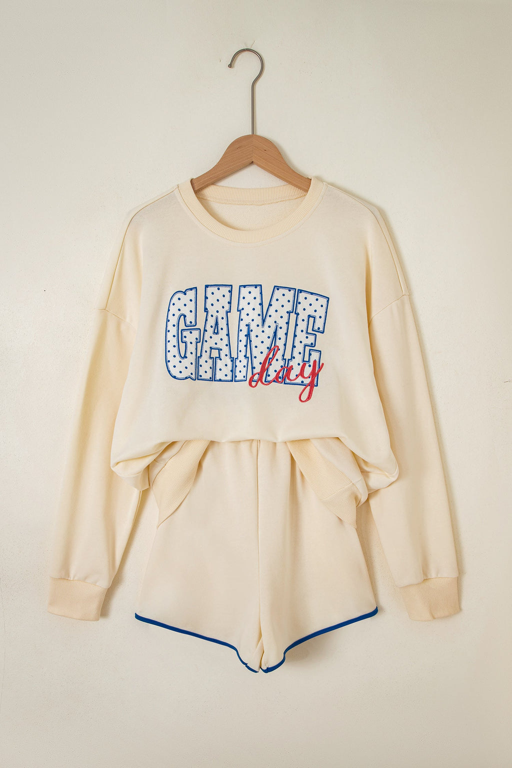Beige Game Day Crewneck Long Sleeve Pullover Athleisure Short Sets