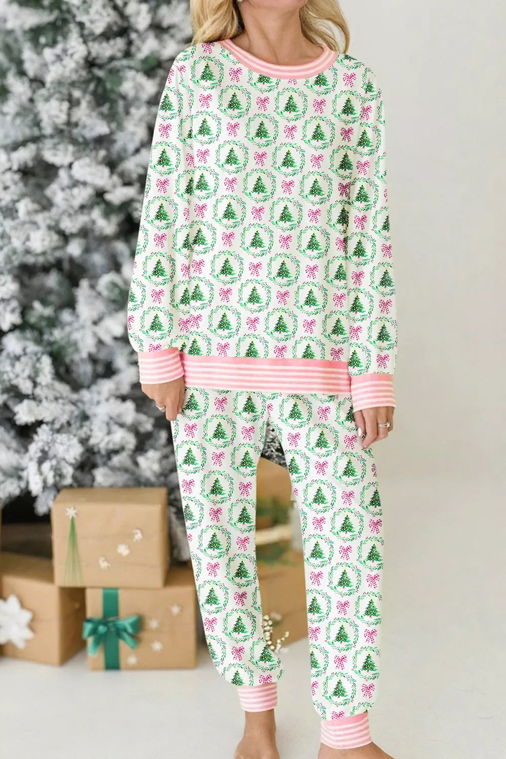 Christmas Tree Print Contrast Striped Banding 2pcs Lounge Set