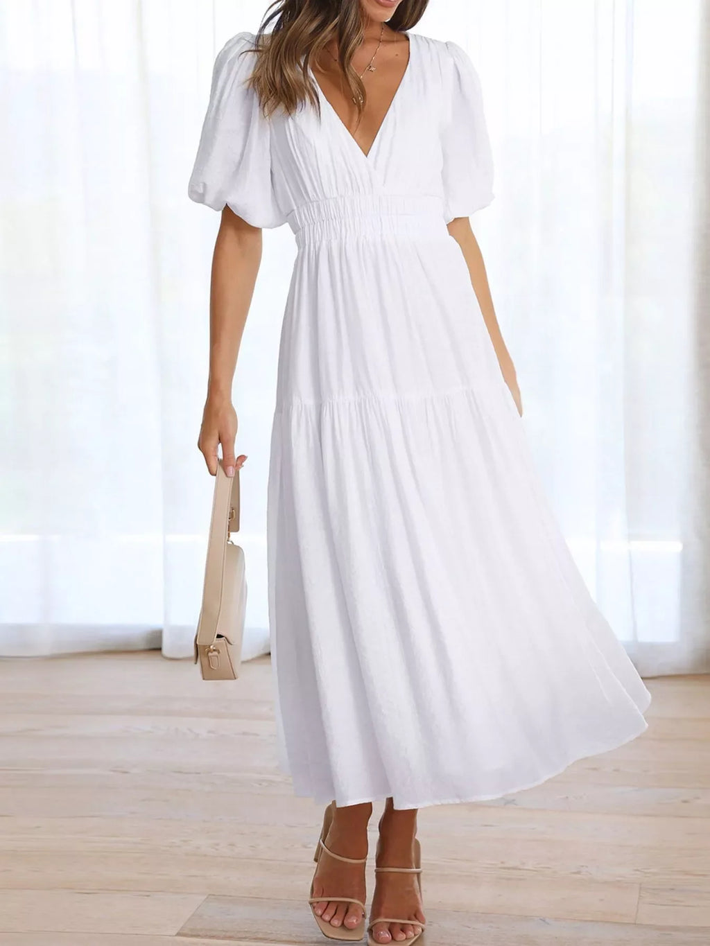 Elegant Puff Sleeve V-Neck Midi Dress