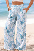 Sky Blue Botanic Print Shirred Waistband Wide Leg Pants