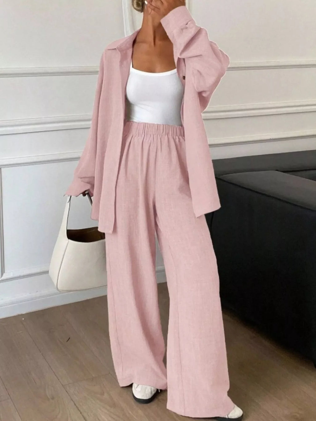 Button Up Long Sleeve Shirt and Wide Leg Pants Set