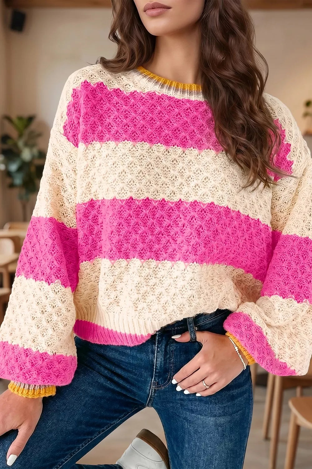 Stripe Striped Colorblock Texture Drop Shoulder Sweater