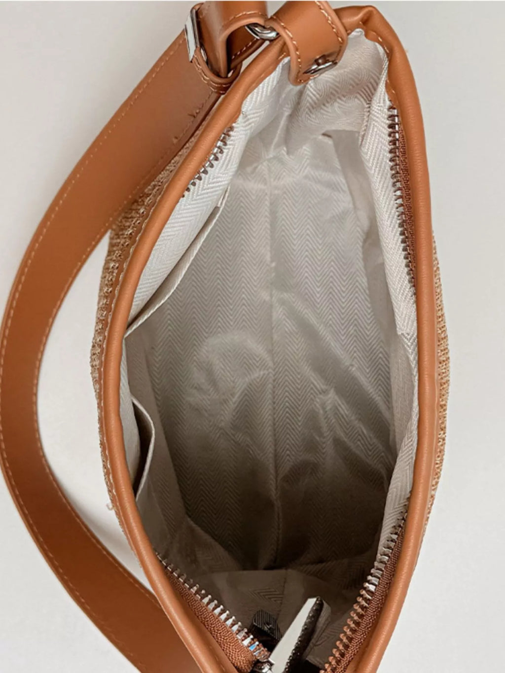 Straw Crossbody Bag with Leather Trim and Tassel Charm