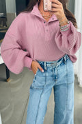 Light Pink Solid Color Textured Snap Button Collared Baggy Top