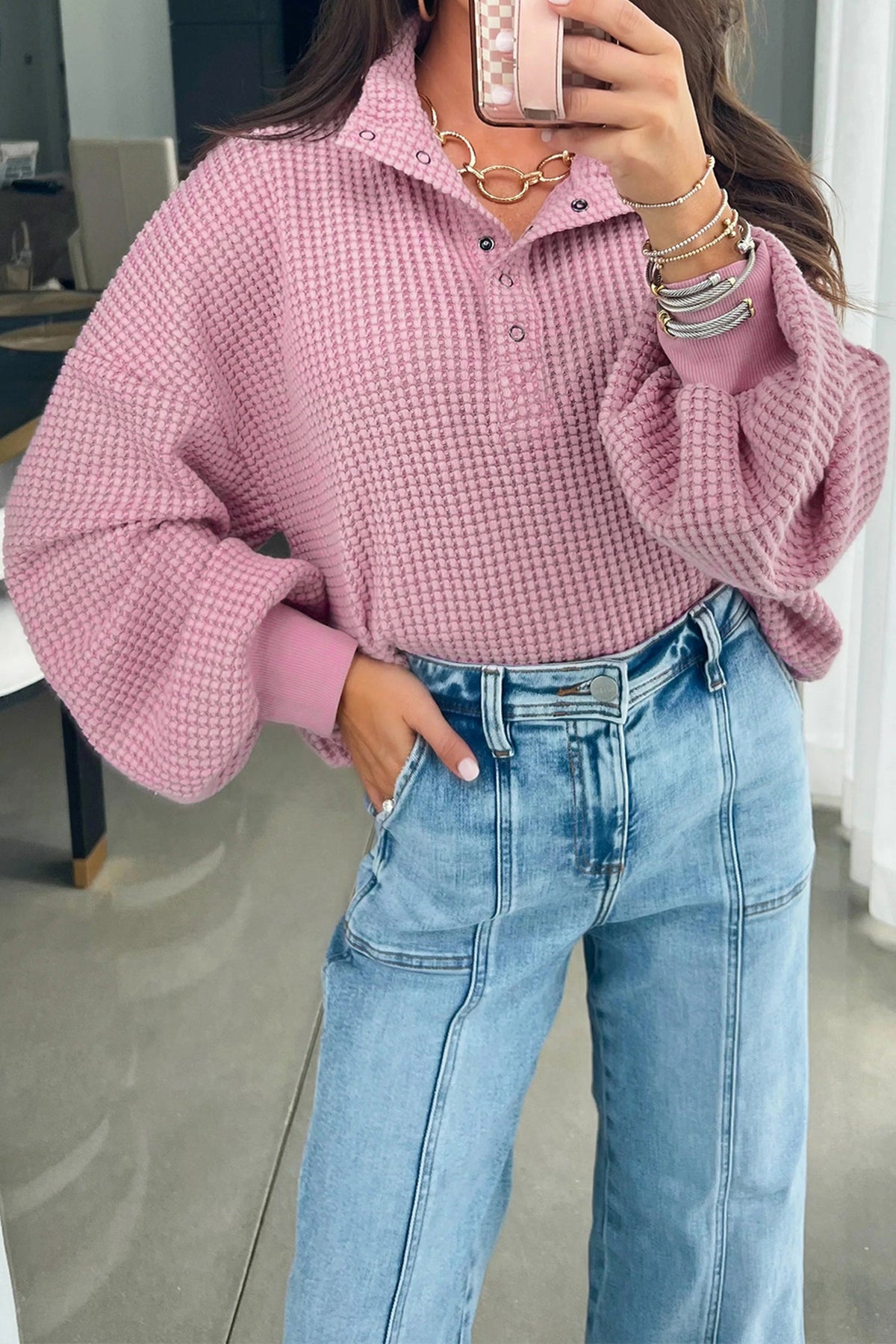Solid Textured Knit Snap Button Collar Top