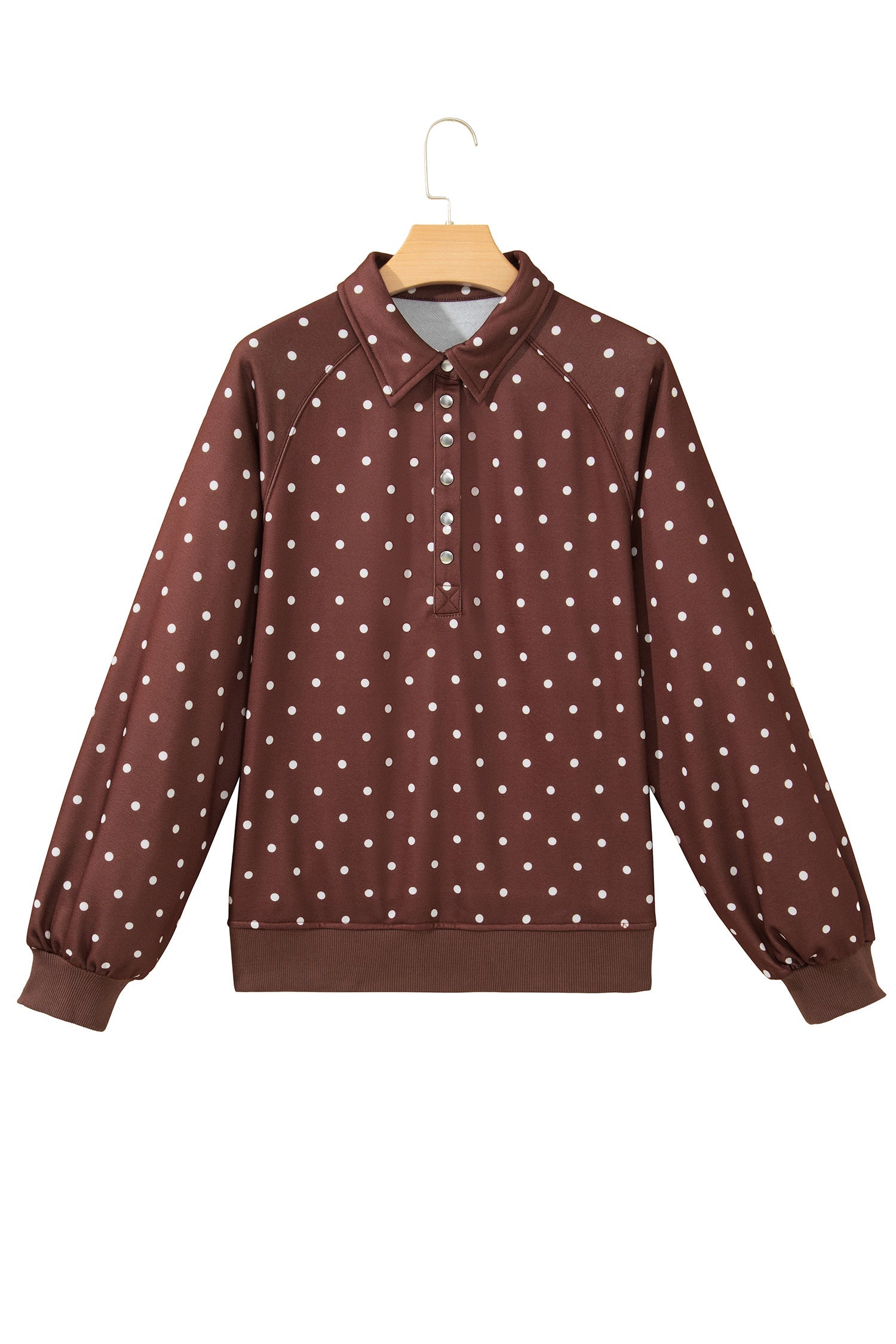 Pink Polka Dot Print Metal Button Collar Casual Pullover Sweatshirt