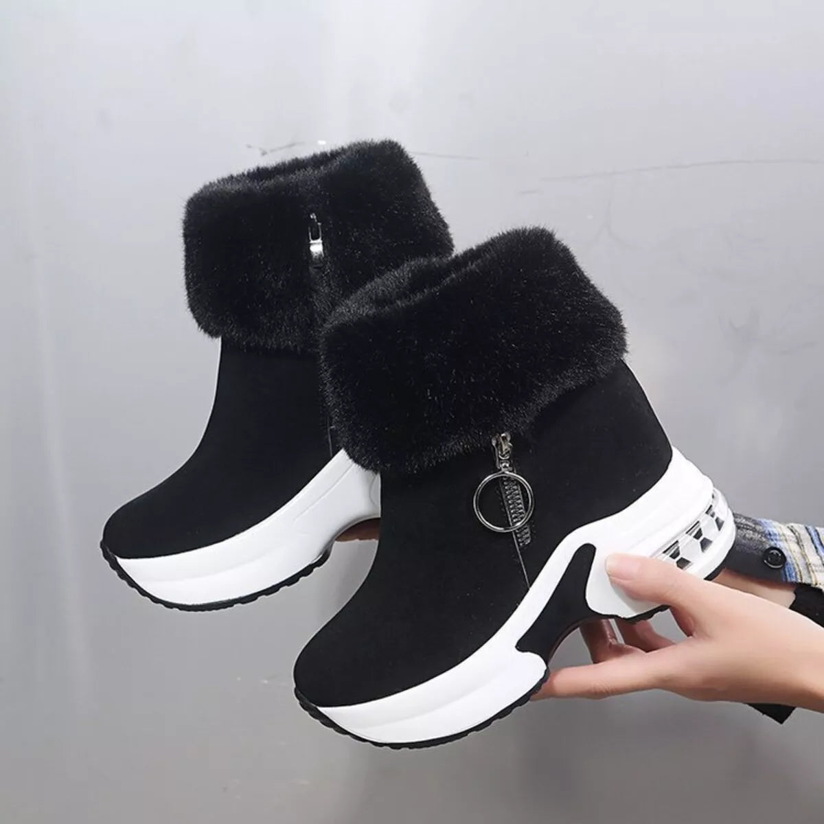 Fuzzy Side Zipper Platform Ankle Boots