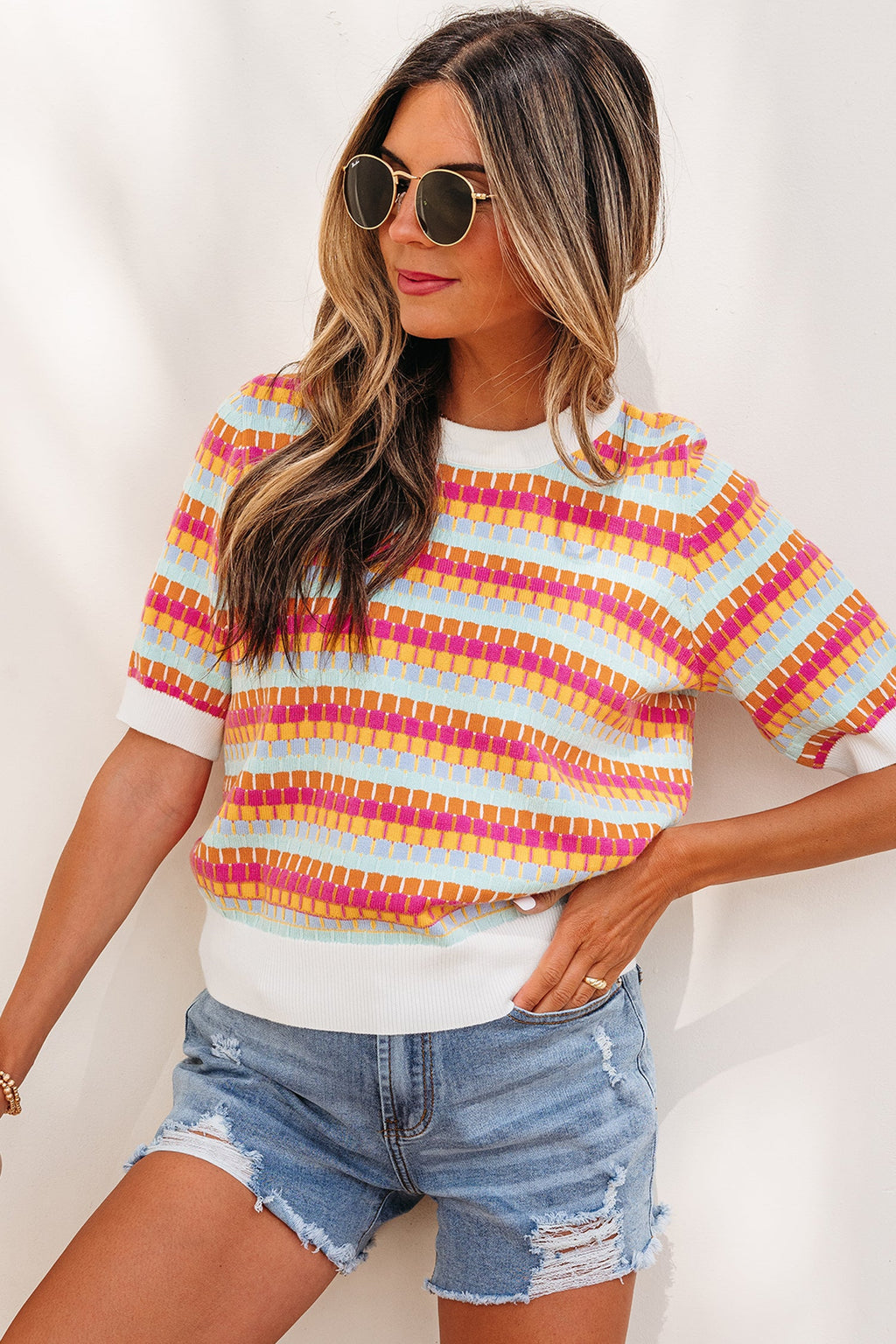 Orange Abstract Striped Knit Short Sleeve Sweater