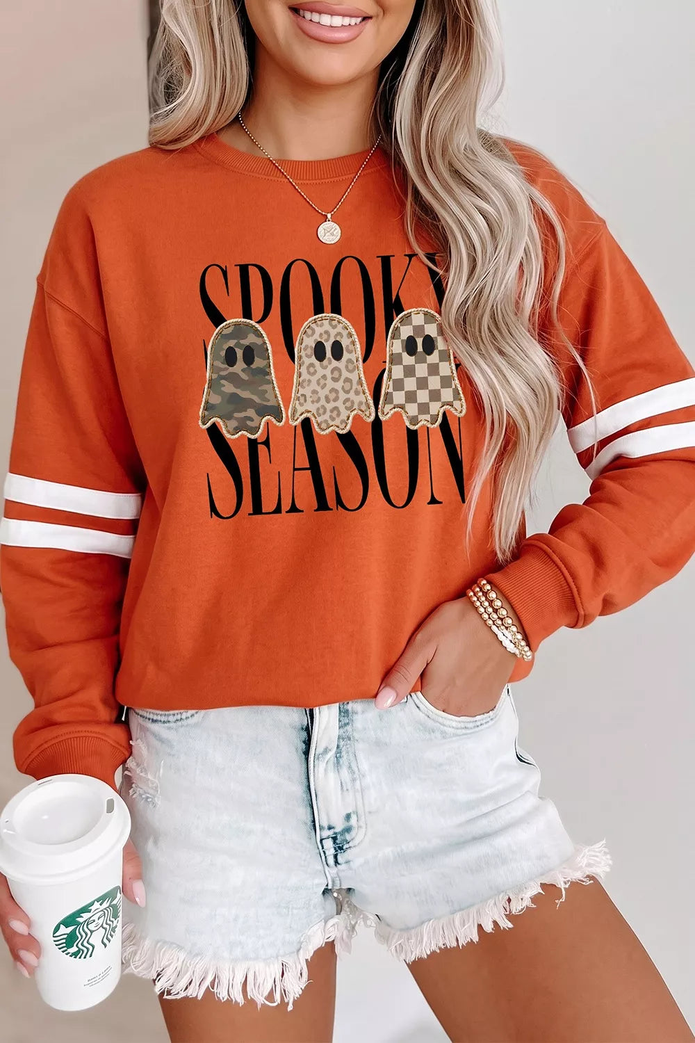 Spooky Season Ghost Graphic Varsity Striped Sleeve Halloween Pullover Sweatshirt