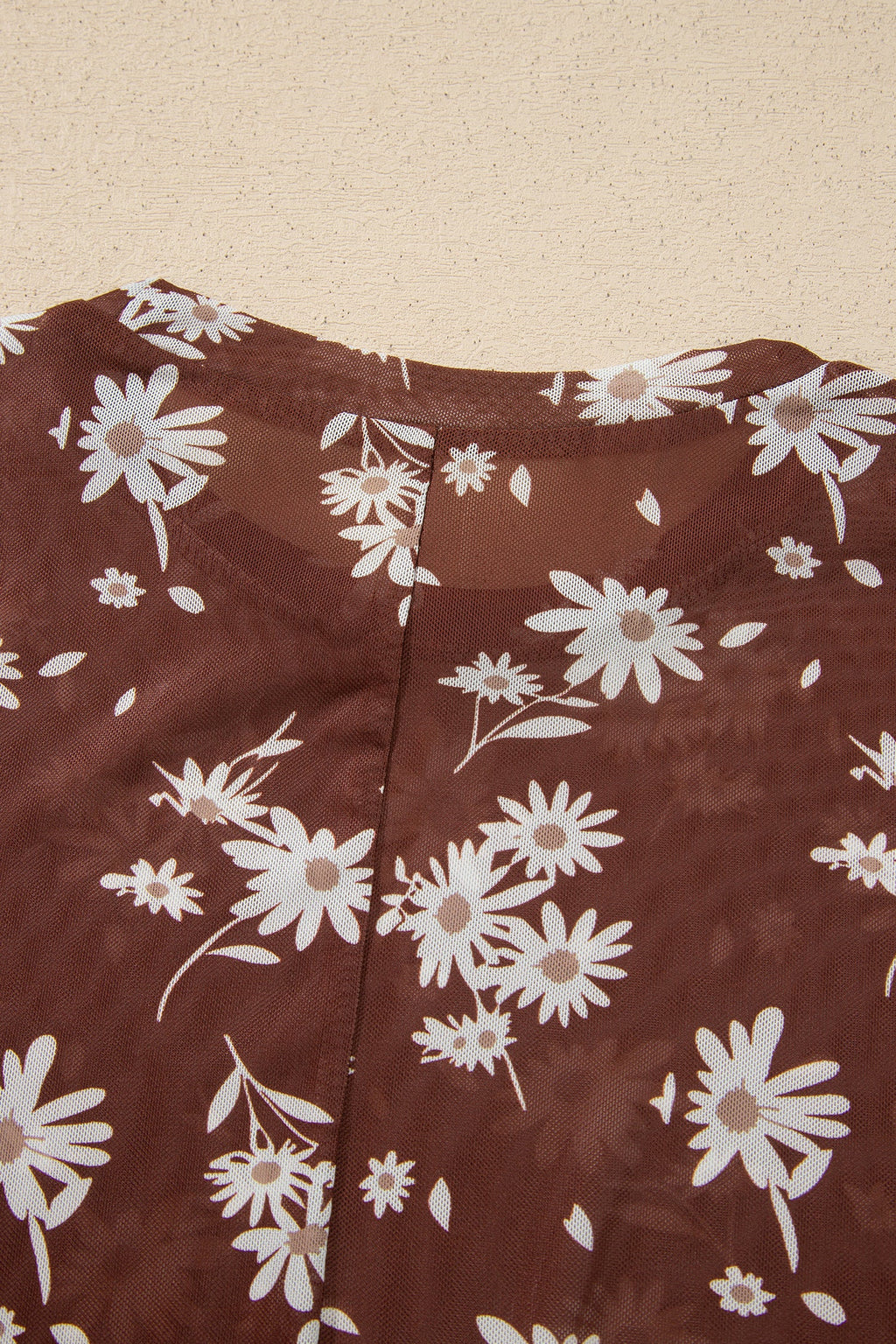 Brown Floral Print Sheer Mesh Long Sleeve Top