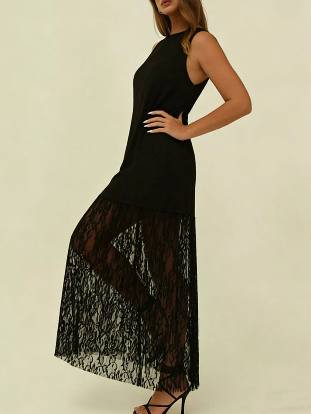 Sleeveless Lace Trim Maxi Dress