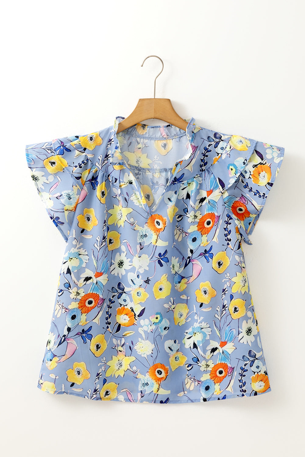 Sky Blue Flutter Sleeve V Neck Floral Top