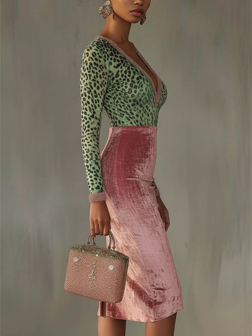 Velvet Leopard Long-Sleeve Midi Dress
