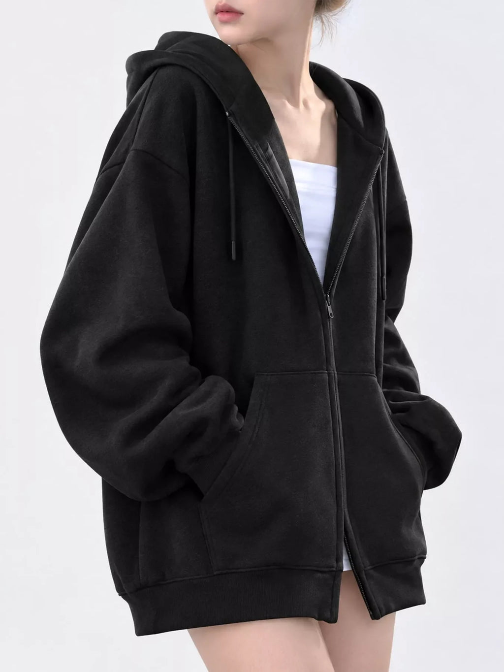 Full Size Zip-Up Dropped Shoulder Hoodie Plus Size