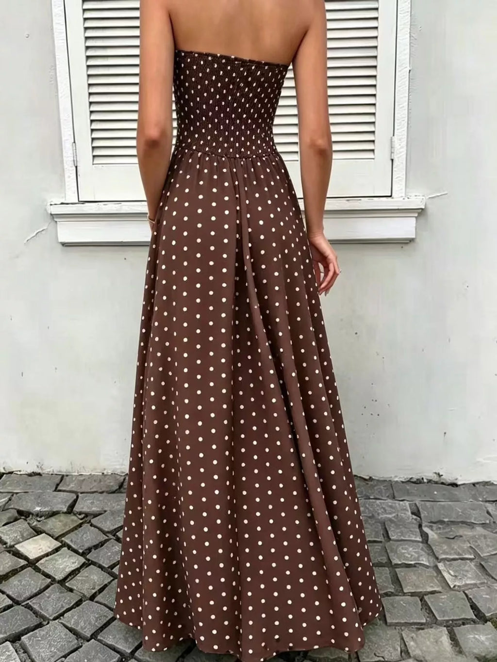 Strapless Polka Dot Ruched Maxi Dress
