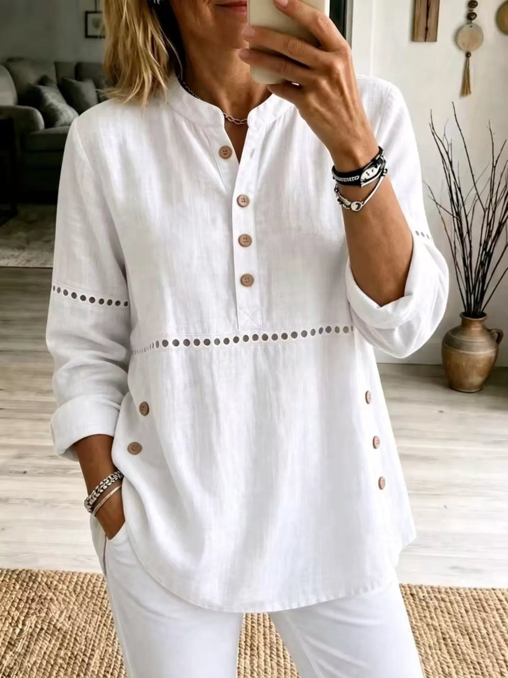 Full Size Button Detail Eyelet Long Sleeve Blouse Plus Size