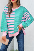 Stripe Colorblock Patchwork Side Slit Sweatshirt