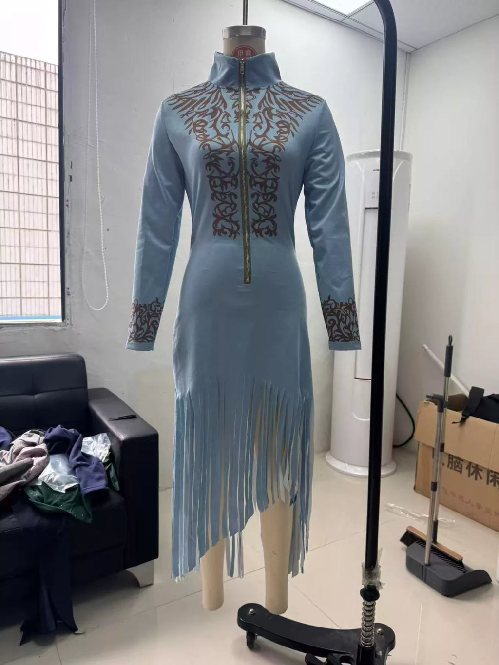 Full Size Embroidered Fringed Zip Front Maxi Dress Plus Size