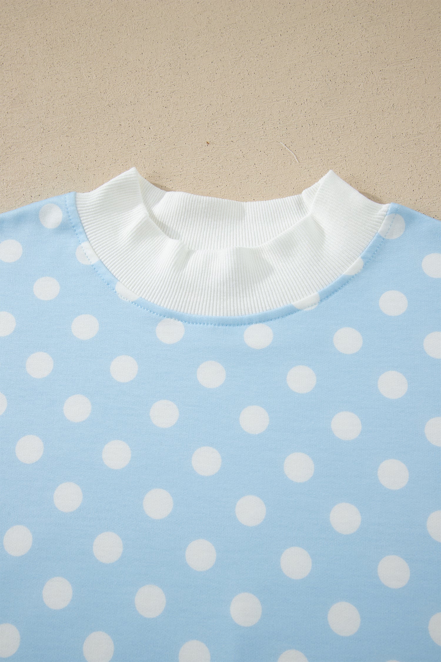 Sky Blue Polka Dot Print Color Block Trim Mock Neck Short Set