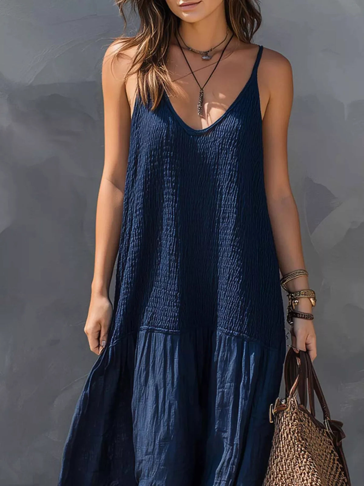 Sleeveless Smocked V-Neck Casual Maxi Dress